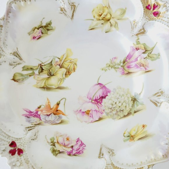 Antique White RS Prussia Floral Bowl Satin Finish Daffodils Fuchsia Hydrangea - Picture 15 of 15